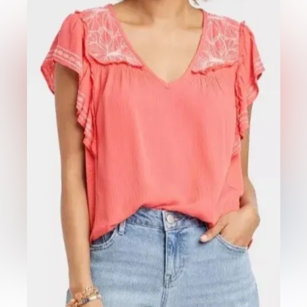 KNOX ROSE Women’s Flutter Sleeve Blouse Top Coral Guava Jelly NWT Size S